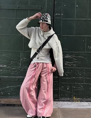 Aelfric Eden Stripe Super Baggy Sweatpants Oversized Barrel Pants Vintage Wide Leg Elastic Waist Lantern Trouser Unisex Pink Medium - Thumbnail 3