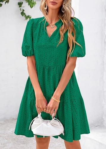 KIRUNDO Eyelet Summer Dresses for Women 2026 Mini Casual Hollow Out Short Sleeve Lace Tiered V Neck Shift Dress Pockets(Dark Green, Large) - Thumbnail 3