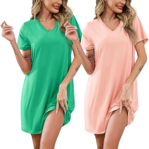 Marvmys Women Short Sleeve Sleepshirts Summer Casual T-shirt Nightgowns 2 Pack V Neck Pajama Dress Nightshirts Pink&Green 3XL - Image 1