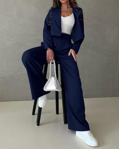 KIRUNDO Womens Blazers for Work Casual Long Sleeve Cropped Blazer Pleated Wide Leg Pants Sets 2 Piece Outfits Spring Fall Fashion Teacher Clothes(Navy, Medium) - Thumbnail 2