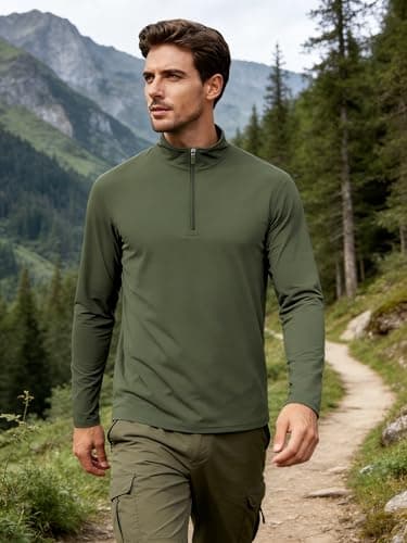 Mens Quarter Zip Pullover UPF 50+ Long Sleeve Sun Protection Shirts Wicking Moisture Dry Fit Lightweight Workout Gym Outdoor Fishing Golf Casual Athletic Tops Army Green L - Thumbnail 3