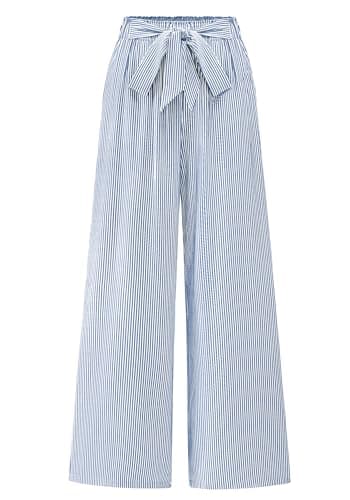 BTFBM Pants for Women 2026 Spring Clothes Striped High Waist Tie Knot Dressy Casual Wide Leg Palazzo Work Trousers Pants(Blue, X-Large) - Image 1
