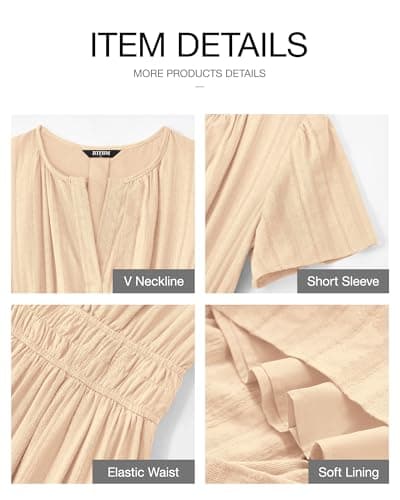 BTFBM Womens Summer 2026 Casual Midi Maxi Dresses Lightweight Short Sleeve V Neck Elastic Waist Boho Beach Dress Pockets(Apricot, Small) - Thumbnail 4