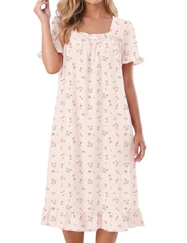 Bloggerlove Women's Nightgown Summer Light House Dress Plus Size Short Sleeve Sleeping-gown Victorian Sleepwear with Pocket Apricot Pink Flower XL - Image 1