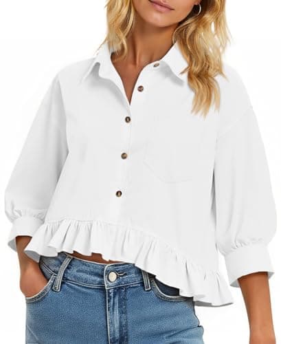 Cicy Bell Womens Cropped Button Down Shirts 3/4 Length Sleeve Casual Cotton Blouses Loose Fit Ruffle Hem Tops White - Image 1