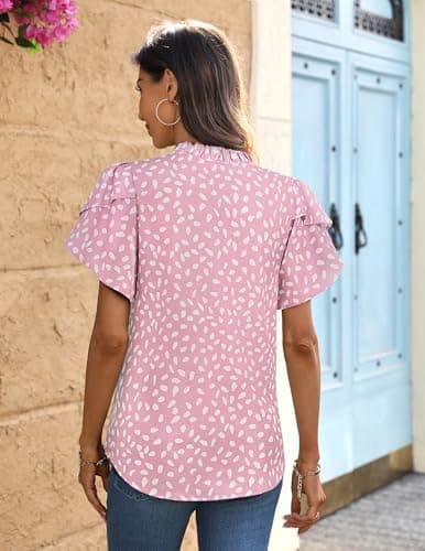 LOOKBOHO Blouse for Women Dressy Casual Ruffle Short Sleeve Boho Tops Fashion V Neck Pink Dot Button Down Shirts Summer S - Thumbnail 5