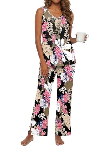 PrinStory Womens Pajama Sets Soft Knit Pjs 2 Piece Sleeveless Pajama Set Summer Lightweight Pj with Pockets Big Leaf Pink-2XL - Thumbnail 4