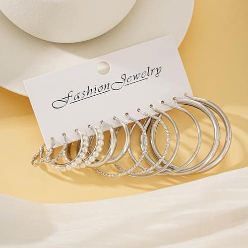 24 Pairs Chunky Silver Hoop Earrings Set for Women, Hypoallergenic Fashion Statement Hoops Earrings Pack Assorted Small Big Twisted Hoop Jewelry for Gift - Thumbnail 6