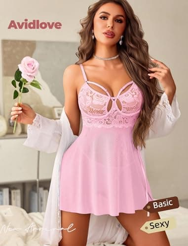 Avidlove Sexy Lingerie Chemise for Women V Neck Push Up Lingerie Set Sheer Lace Underwire Negligee Chemise Pink M - Thumbnail 2