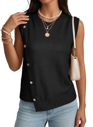 Pink Queen Vest Tops for Women Sleeveless Sweater Tops for Women 2026 Button Decorations Asymmetrical Crew Neck Lightweight Casual Loose Tank Summer Outfits Fashion Business Casual Clothing Black 2XL