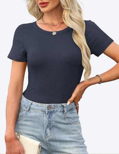 GKBK Womens Short Sleeve Tops Crew Neck Ribbed Fitted Tight Shirts Layering Top Basic Tee Tshirts Cute Summer Tops Casual Spring Clothes Outfits 2026 Trendy Navy Blue - Thumbnail 5