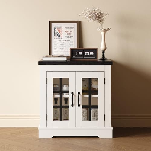 PeacefulHues Buffet Cabinet with Storage, Sideboard Buffet with Glass Doors, Built-in Power Outlet, Black Relief Top Plate, for Kitchen, Coffee Bar, Pantry, Living Room - Image 1