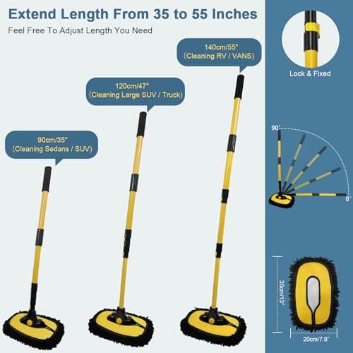 YeewayVeh Car Wash Brush Mop with Long Handle, 55" Car Wash Brush with 2 Replaceable Microfiber Mop Heads, 15° Curved Extension Pole Auto Cleaning Wash Kit for Truck SUV RV Camper, Yellow - Thumbnail 6