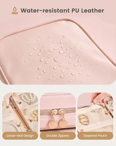 Lolalet Travel Jewelry Notebook Organizer Case, Large Jewelry Binder Book with Individual Pouches, Portable Leather Zippered Bag for Storage of Earring, Ring & Necklace, Gift for Women -Apricotpink - Thumbnail 5