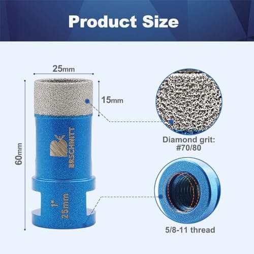 BRSCHNITT 1 Inch Diamond Drill Bit for Glass, Porcelain, Tile, Ceramic, Marble - Glass Hole Saw with 5/8-11 Thread - Thumbnail 2