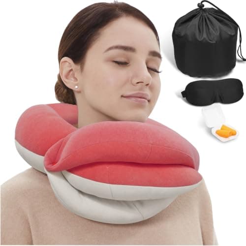 BUYUE Travel Neck Pillows for Airplanes, 360° Head Support Sleep for Long Flight, Skin-Friendly & Breathable, Kit with 3D Contoured Eye Mask, Earplugs and Storage Bag (Adult, Pink, 90+ lbs) - Image 1