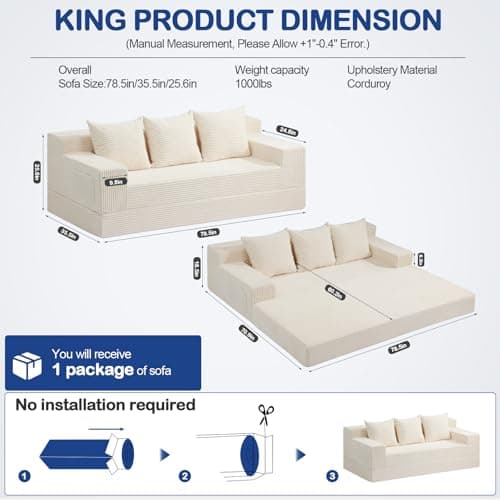 Winzoo 2 in 1 Convertible Boneless Couch Bed, Corduroy futon Sofa Bed, Compression Folding Floor Couch Sofas Bed with 3 Pillows for Bedroom, Small Space Guest and Living Room Sofa (Beige, 78 Inches) - Thumbnail 2