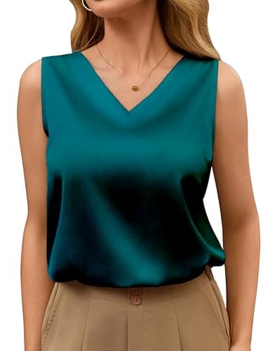 MOYEE Womens Silk Satin Sleeveless Tank Top Soft V-Neck Camisole Shirt Summer Basic Blouses Green - Image 1