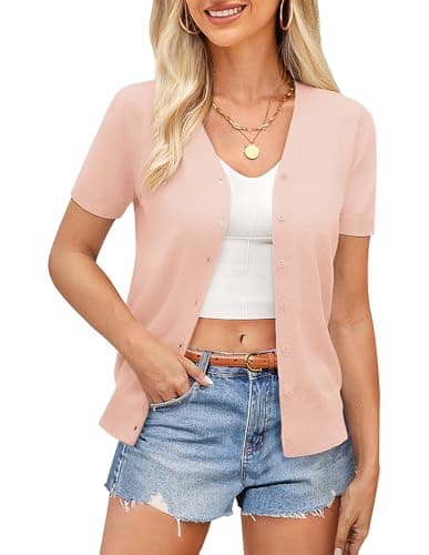 GRACE KARIN Women Fall Clothing Short Sleeve Cardigan Summer Cardigan Sweaters for Women(Orange Pink,S) - Image 1