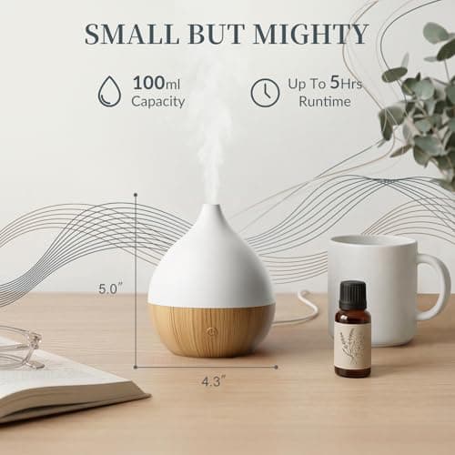 Cegsin Essential Oil Diffuser with Adapter, 100ml Small Aromatherapy Scent Machine for Home & Office Desk, 7 Color LED Cool Mist Humidifier, Auto Shut-Off, Classic Teardrop White - Thumbnail 2