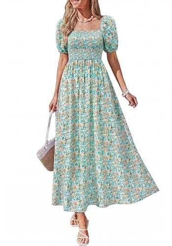 BTFBM Spring Summer Dresses for Women 2026 Puff Short Sleeve Smocked Floral Print Boho Beach Wedding Guest Maxi Dress(Light Green Flower, Large) - Image 1
