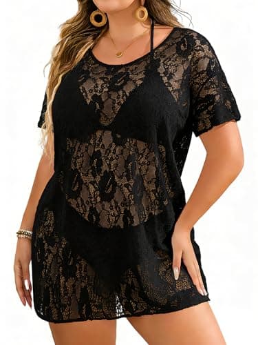 Charming Ashley Women's Lace Swim Cover-Up, Vacation Swim Dress, Summer Loose-Fit Bikini Cover-Ups, Beachwear Black - Image 1