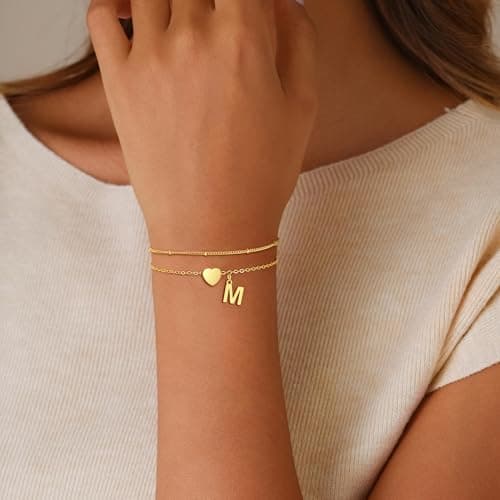 Decholly Initial Bracelets for Women Trendy, 18K Gold Plated Heart Initial F Bracelet Dainty Gold Bracelets for Women Trendy Jewelry Gifts - Thumbnail 3
