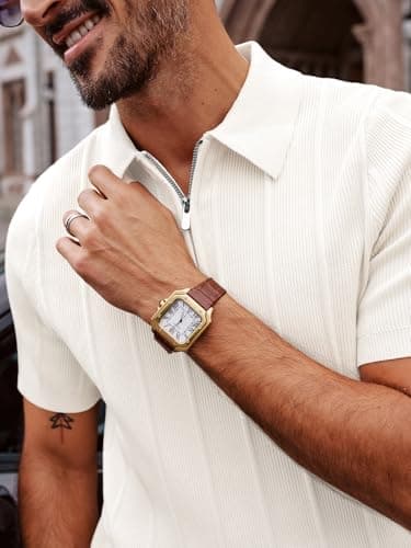 PJ PAUL JONES Mens Knit Polo Shirt Casual Short Sleeve Shirts Breathable Textured Summer Tops for Business Ivory S - Thumbnail 2