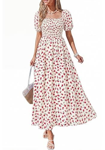 BTFBM Spring Summer Dresses for Women 2026 Puff Short Sleeve Smocked Floral Print Boho Beach Wedding Guest Maxi Dress(Floral Apricot Rose Red, Medium) - Image 1