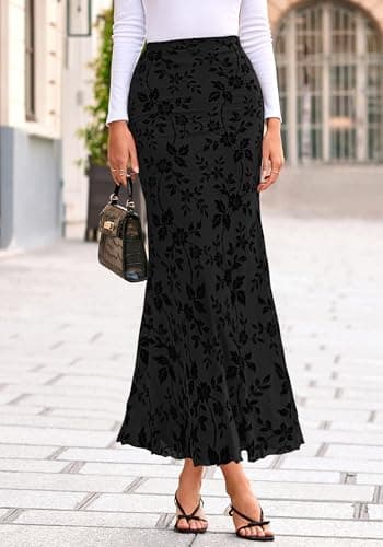 BTFBM Womens Floral Mesh Maxi Skirt 2026 Spring Summer Elastic High Waisted Boho Elegant Mermaid Long Skirts for Women(Black, X-Small) - Thumbnail 2