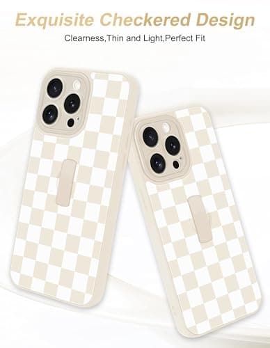 Aitipy Checkered Phone Case Compatible with iPhone 13 Pro, with Finger Hand Strap Kickstand Shockproof Full Camera Protection Soft TPU Protective Cover for Women Girls, Beige Checkerboard - Thumbnail 2