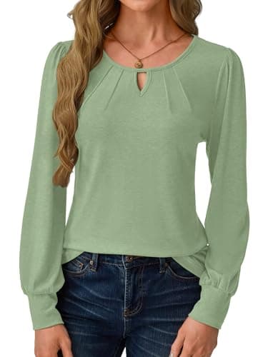 GKBK Women Long Sleeve Tops Dressy Business Casual Blouses Basic Loose Fit Crewneck Work Shirts Pleated Keyhole 2025 Fall Winter Clothes Stylish Outfits Green Medium - Thumbnail 2