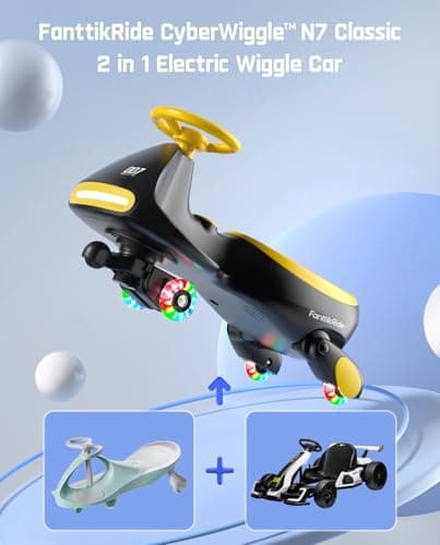 FanttikRide N7 Classic Electric Wiggle Car with Pedal, Rechargeable Battery, Ride on Toys, Swing Car, 2 Speeds, Anti-Rollover, Flashing Light Wheels, Bluetooth, for Ages 3 and Up, 150 Lbs, Yellow - Thumbnail 2
