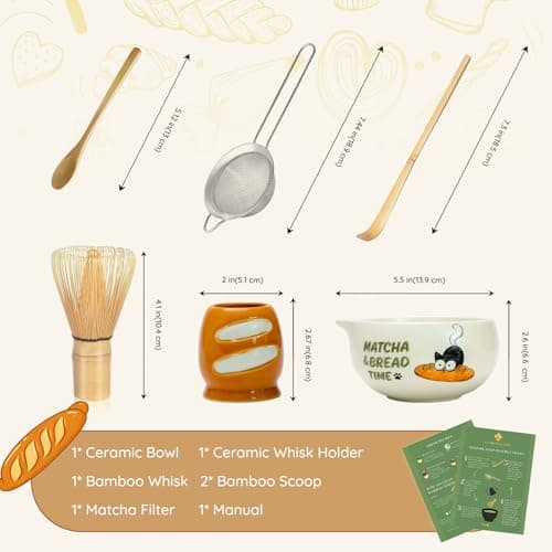 KOIMYSA Matcha Whisk Set with Cat and Bread Pattern, Traditional Authentic Matcha Whisk Kit With Ceramic Spout Bowl, Bamboo Whisk & Stainless Steel Sifter, Chasen and Chashaku - Thumbnail 2