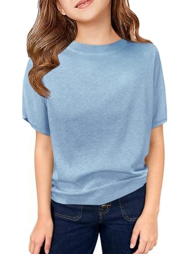 ZDC Girls' Lightweight Knit Top Short Sleeve Cute Spring Summer Sweater for School Holiday Uniform