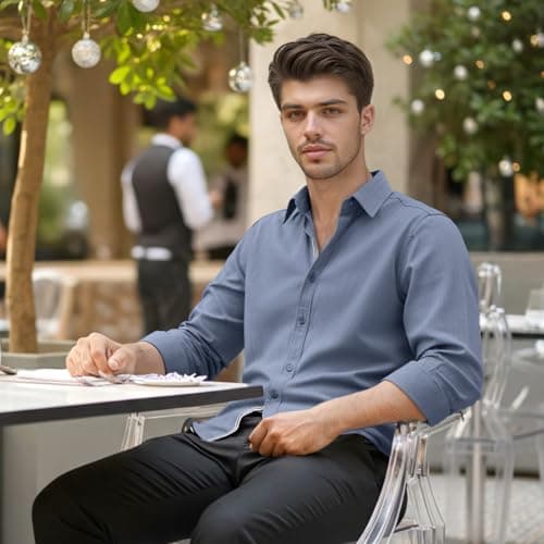 Men’s Casual Untucked Button Down Shirt Long Sleeve Stylish Business Casual Dress Shirts for Men Blue - Thumbnail 4