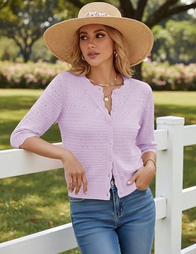 GRACE KARIN Womens Short Sleeve Cardigan Sweater Lightweight Cropped Cardigan Trendy Dressy Casual Crochet Bolero Shrugs Lilac - Thumbnail 3