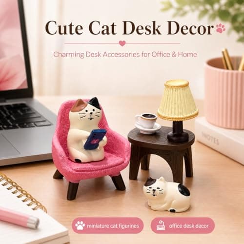 Edyocey Miniature Cat Figurines Set, 4-Piece Resin Cat with Sofa & Lamp, Cute Desk Decor for Office & Home, Gift for Cat Lovers (Cat) - Thumbnail 2
