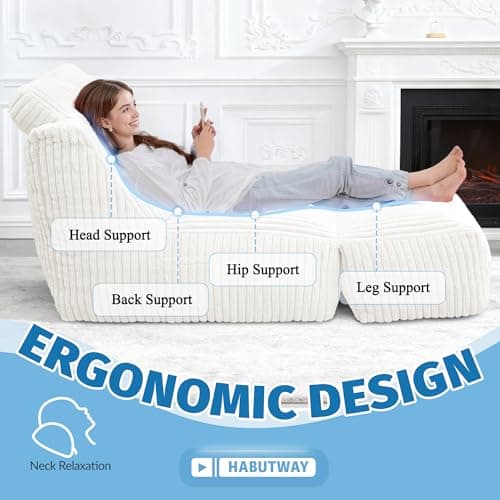 HABUTWAY Giant Bean Bag Chairs for Adults,Big Bean Bag Lounger with Removable Cover,Large BeanBag Chair with Ottoman&Storage Pocket,Memory Foam Filled Bean Bag Sofa for Living Room,Bedroom-Plush Beige - Thumbnail 6