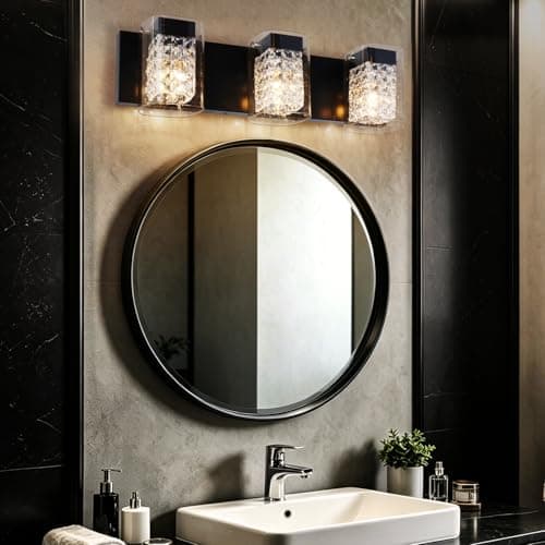 TYhogar Modern Crystal Bathroom Light Fixtures, 3-Light Black Vanity Lights with Clear Shades, Bathroom Lighting Fixtures Over Mirror Wall Light for Living Room, Decoration,Bedroom（Exclude Bulb） - Thumbnail 3