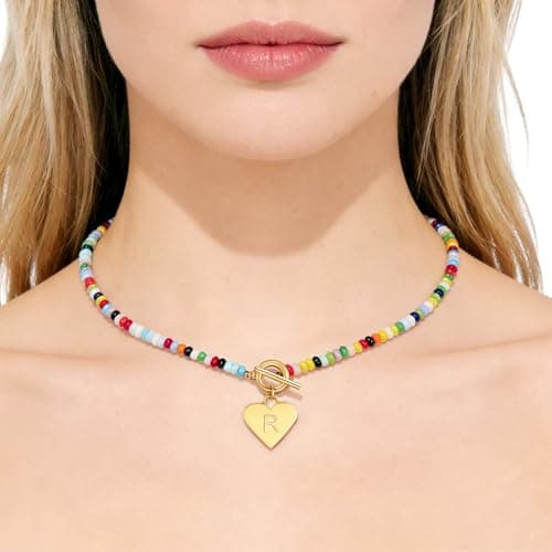ARZASGO Initial Necklace for Women - Colorful Beaded Necklace Love Initial Letter Pendant Choker, Personalized A-Z Letter Necklaces Jewelry Gift - Thumbnail 5
