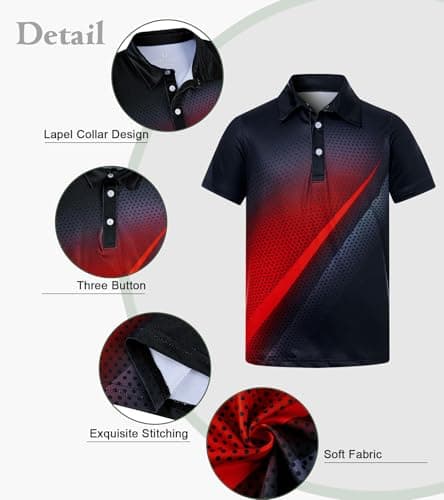 uideazone Boy's Polo Shirts Dry Fit Golf Shirt Short Sleeve Black Red Summer Sport Polo School Uniform Size 9-10 - Thumbnail 6