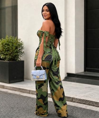 knowfashionstyle Sexy 2 Piece Sets For Women Going Out Sleeveless Croset Top And Wide Leg Pants Set Party Birthday Outfits Camouflage 2Xl - Thumbnail 4