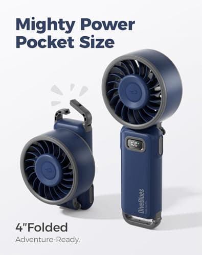 Diveblues Portable Handheld Fan, 7.4m/s High Speed Turbo Fan, 180° Foldable 4-in-1 Personal Neck Fan Integrated Carabiner Clip, 100 Speed Stepless Control, USB-C Rechargeable, 12H Battery, Fanzy D6036 - Thumbnail 3