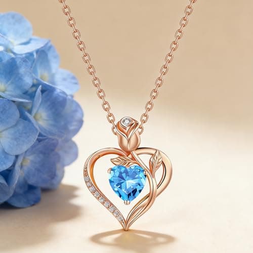 JACUPO Birthstone Rose Gold Necklace for Women(Rose Gold-03-Aquamarine) - Thumbnail 6