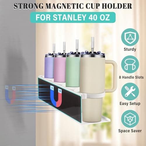 Magnetic Cup Holder for Fridge,8 Cups Water Bottle Organizer for Stanley 30 40 oz with Tumbler Lid Organizer,High Capacity Heavy Duty Kitchen Storage Rack Accessories - Thumbnail 3