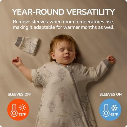 Baby Sleep Sack 6–12 Months, Cotton Sleep Sack with Detachable Long Sleeves, 1.0 TOG Wearable Blanket for Cooler Nights, 2-Way Zipper Toddler Sleeping Sack with Temperature Strip, Hot Air Balloon - Thumbnail 3