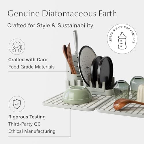 Dorai Home Collapsible Dish Drying Rack and Stone Dish Pad – Large Foldable Drying Rack with Instant - Dry Stone Mat – Space-Saving Drainer for Kitchen Counter - 24.6" x 16.5", Sand - Thumbnail 4