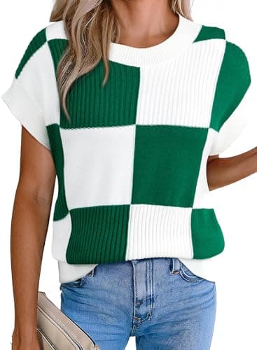 EVALESS Fall Sweaters for Women 2026 Casual Short Sleeve Crewneck Sweater Vest Fashion Color Block Knit Sleeveless Shirts Vests Tops Cute Going Out Teacher Outfits Green Medium - Image 1