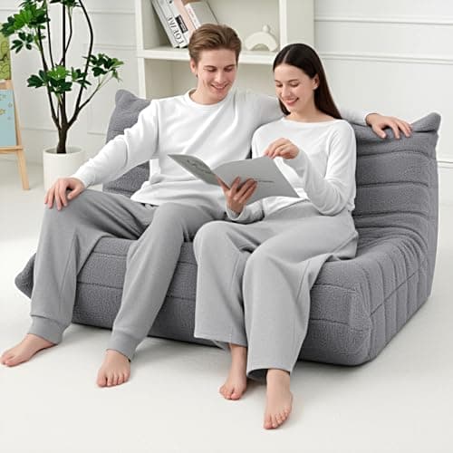 HABUTWAY Bean Bag Chairs Fireside Lazy Floor Sofa, Soft Teddy Fleece 2 Seater Sofa with High-Resilience Foam Filling，Beanbag for Living Room, Bedroom, Office (Light Gray Teddy) - Thumbnail 4